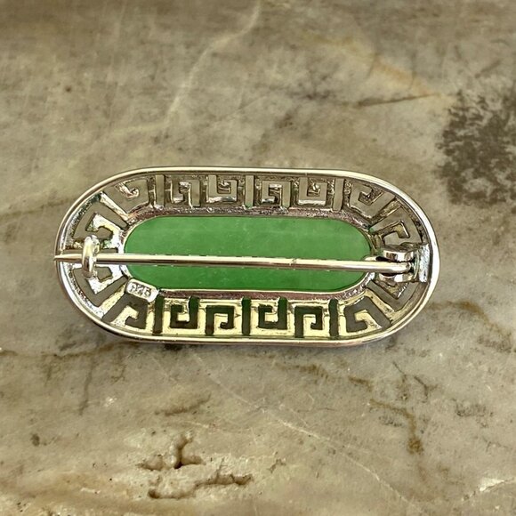 Sterling Silver 925 Oval Green Stone Greek Key Cut Out Brooch - Picture 11 of 16